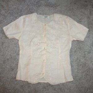 Potex Vintage Pale Pink Hand Embroidered Linen Blouse Small